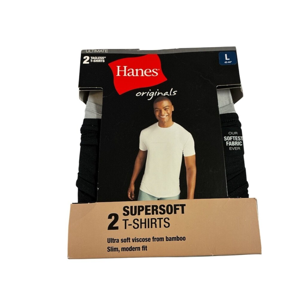 Hanes Originals Supersoft Men's T-Shirts - Black & gray, Large, bamboo, 2 pk